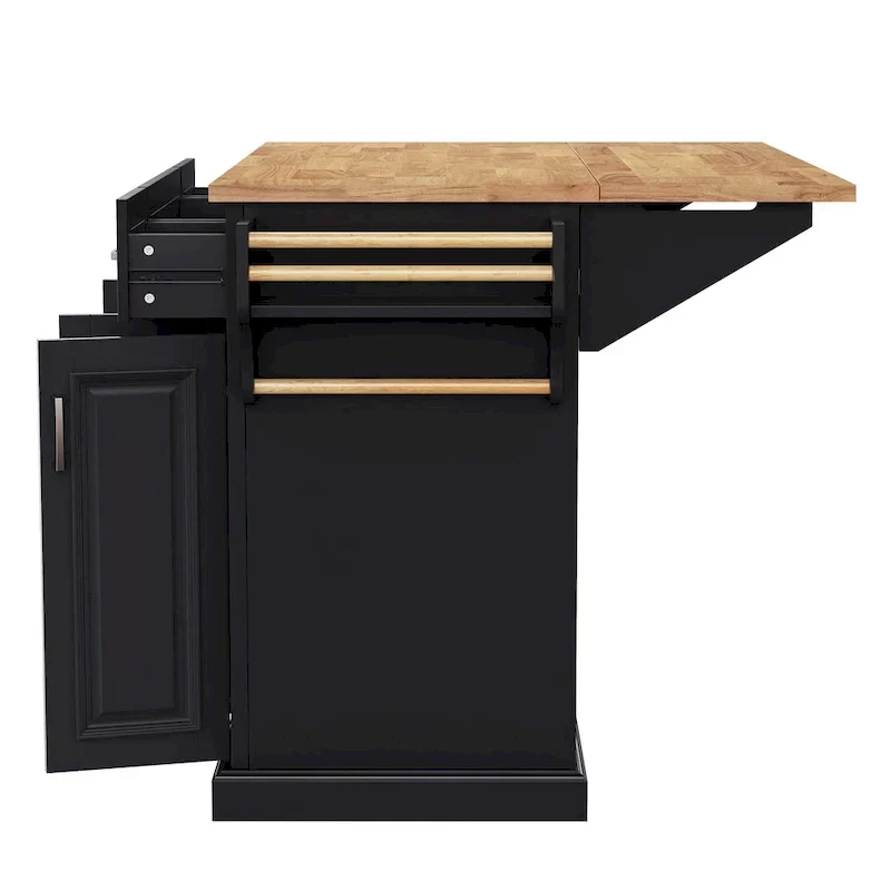 54  Large Kitchen Island with Rubber Wood Drop Leaf, Embossed Texture Rolling Kitchen Cart on 4 Wheels with 4 Doors & 3 Drawers
