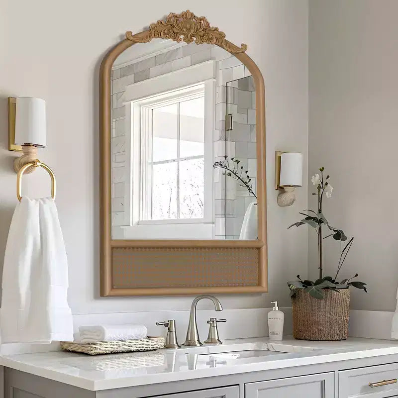 PexFix Classic Carved Arch Wood Frame with Rattan Bottom Wall Mirror