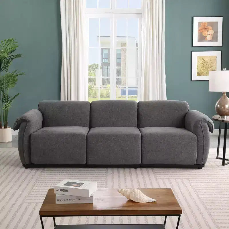 GDFStudio Khalid Modern 93 3-Seater Wood and Iron Chenille Upholstered Sectional Sofa with Split Backrest