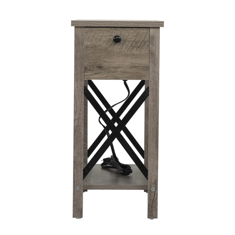 Farmhouse Flip Top End Table with Drawer, 2 AC Outlets & 2 USB Ports