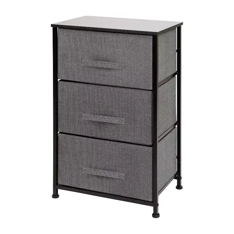 3-Drawer Vertical Storage Dresser – Wood Top, Fabric Pull Drawers, Metal Frame