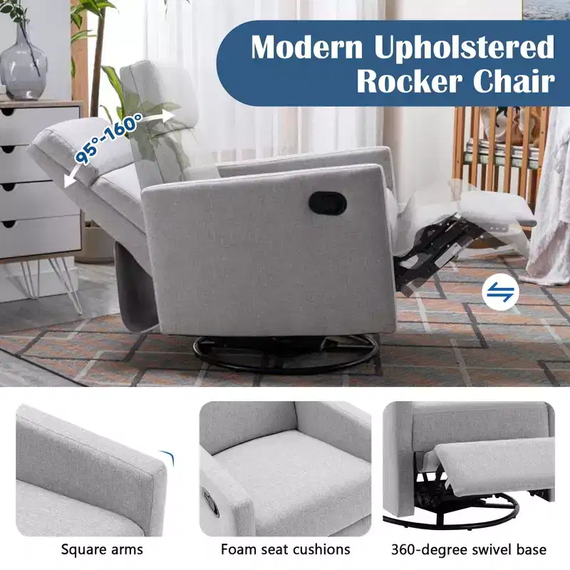 GDFStudio Peggy Modern Upholstered Rocker Nursery Chair with Plush Glider Swivel and Adjustable Recline