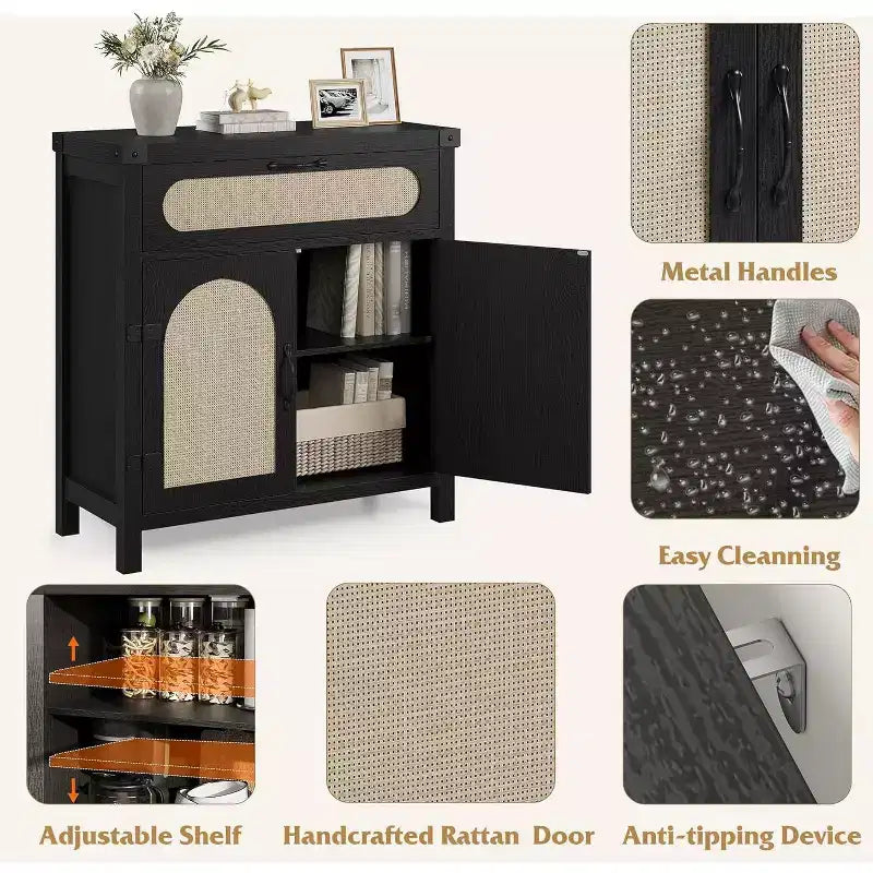 Rattan Sideboard Buffet Cabinet, with Drawer & Farmhouse Coffee Bar for Dining & Living Room, Black