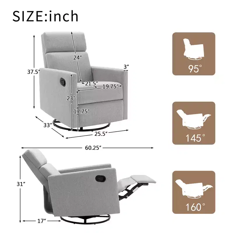 GDFStudio Peggy Modern Upholstered Rocker Nursery Chair with Plush Glider Swivel and Adjustable Recline