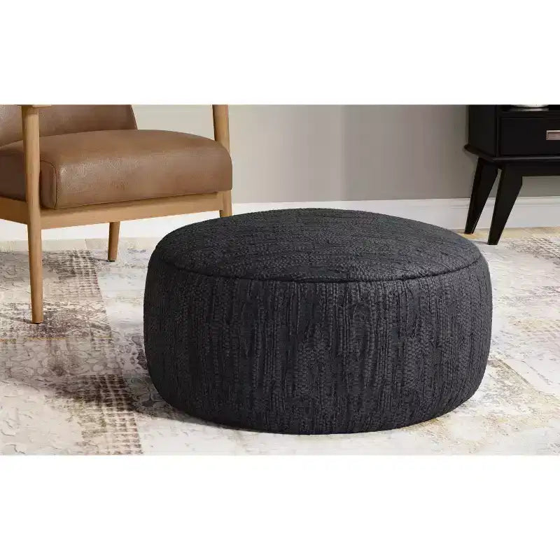 Garcia 30 inch Wide Boho Pouf in Genuine Woven Leather, Assembled