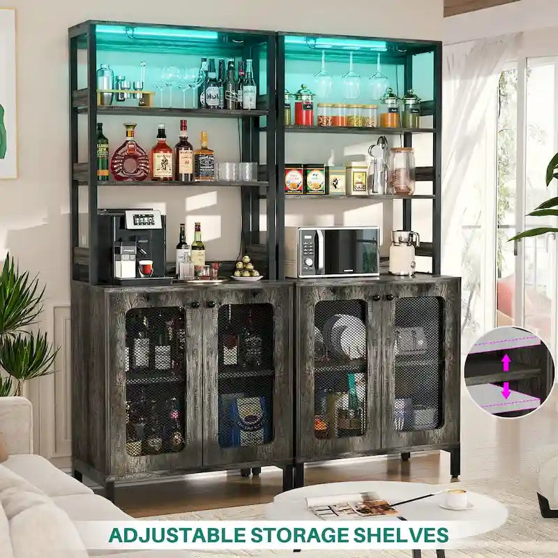 67-Inch Tall Wine Bar Cabinet with LED Lights, Glass Holder and Power Outlets