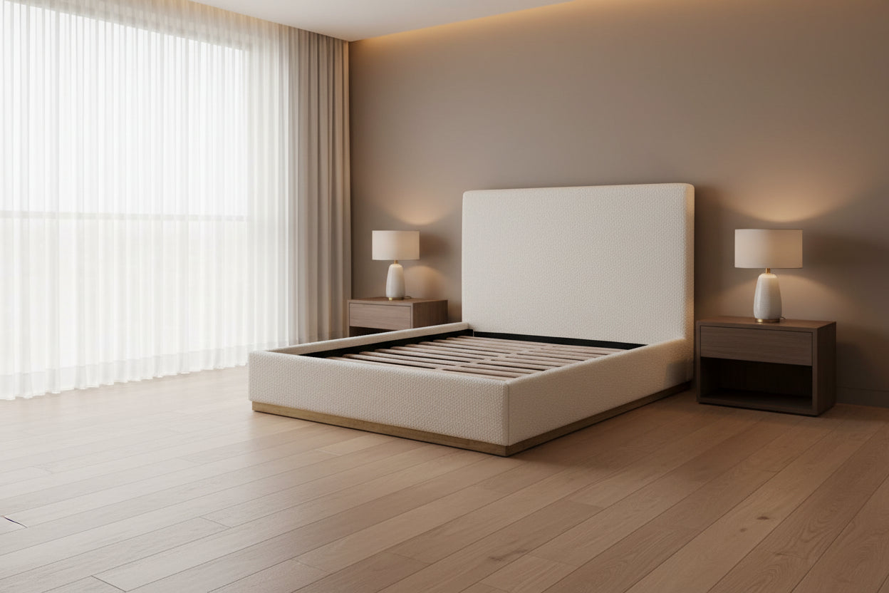 King Size Bed, Upholstered Panel Headboard, Gold Plinth Base, Ivory