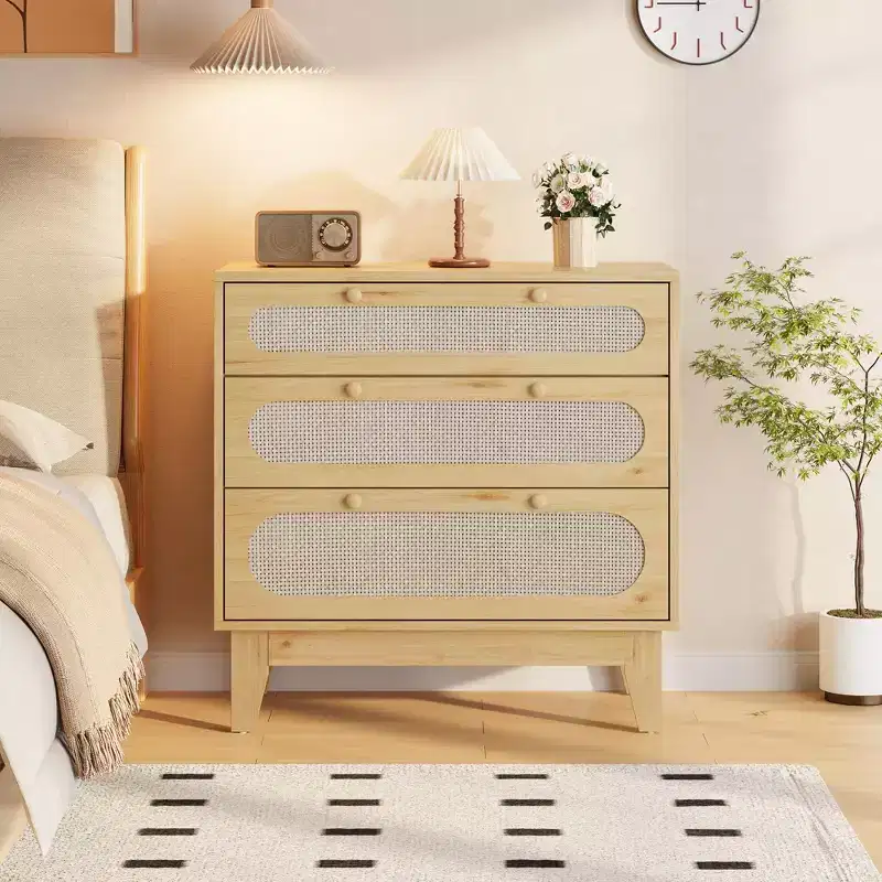 Rattan Nightstand with Drawers, Modern Large Bedside Table Night Stand for Bedroom