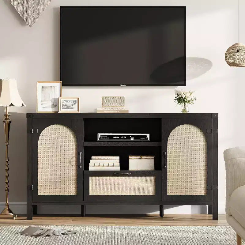 47 Boho Farmhouse Rattan Buffet Cabinet with Adjustable Shelves & Arched Cane Doors,Storage Sideboard for Kitchen, Dining, Living Room & Entryway