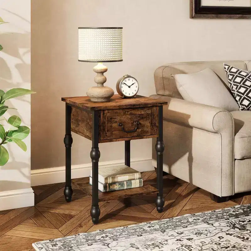 Industrial Side Table with Drawer and Storage Shelf