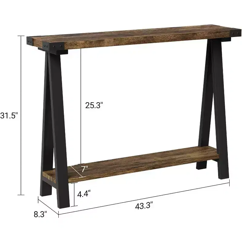 Farmhouse Narrow Entryway Table, 43.3 Console Table with Storage, 2 Tier Sofa Table with Metal Frame and MDF, Narrow Console Table for Home