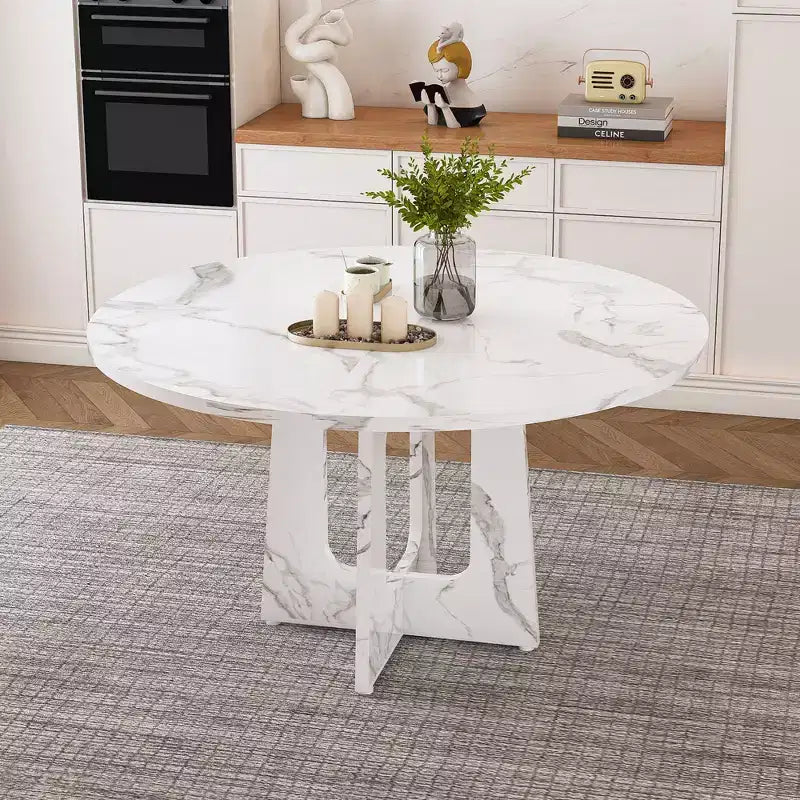47 Round Dining Table for 4 Farmhouse MDF Table with Marble White Finish 300lb Capacity Easy Assembly for Dining Room Kitchen Living Room