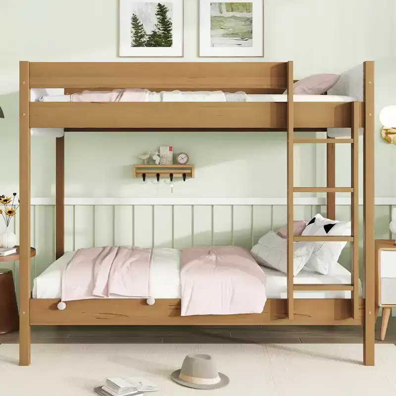 Modern Rubberwood Twin Over Twin Bunk Bed with Boucle Upholstered Headboard & Footboard