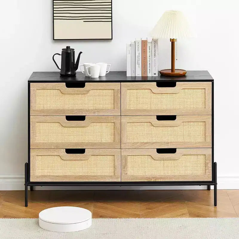 Whizmax Rattan Dresser, 6-Drawer Tall Dresser for Bedroom, Storage Dresser Organizer Units for Closet Living Room Hallway Entryway
