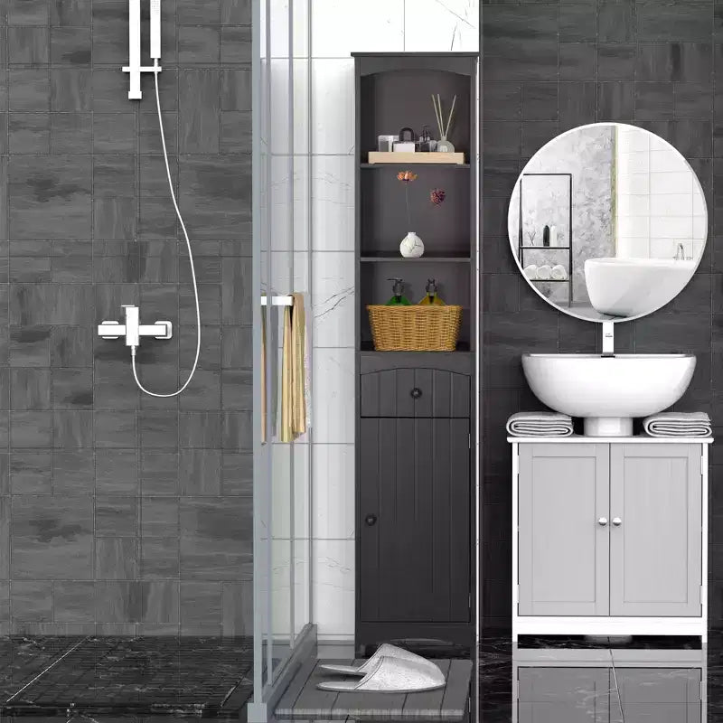 HOMCOM Bathroom Storage Cabinet, Free Standing Bath Storage Unit, Tall Linen Tower with 3-Tier Shelves and Drawer