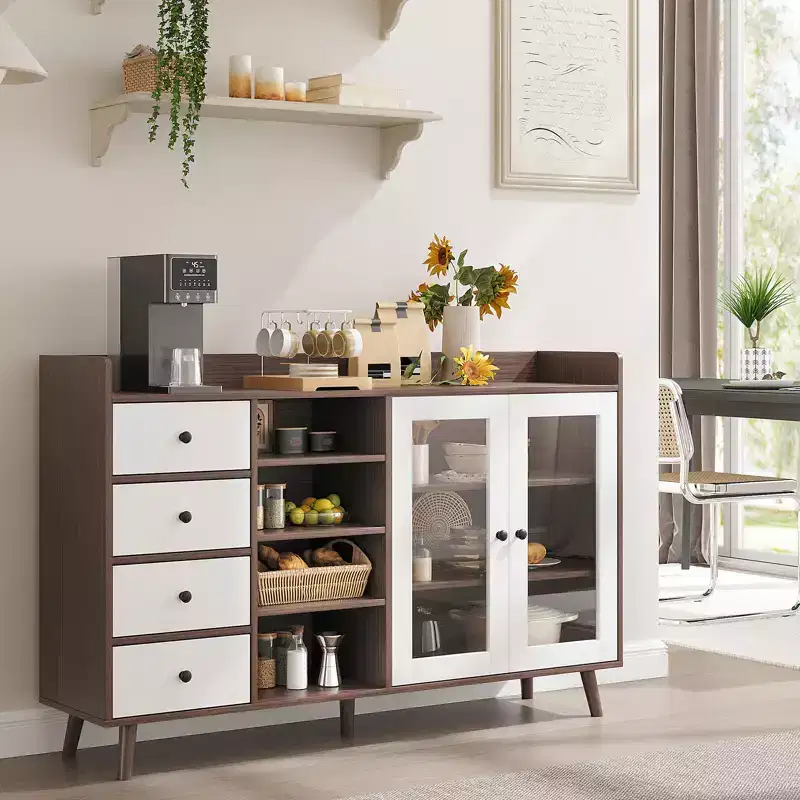 55 in Farmhouse Buffet Cabinet Sideboard with Glass Doors, Adjustable Shelves and 4 Drawers, Large Coffee Bar Station
