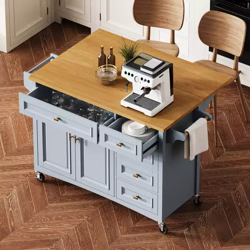 52'' Farmhouse Kitchen Island with Drop Leaf, Rolling Storage Cart with 2 Cabinets, 5 Drawers, Spice & Towel Racks, Adjustable Shelves