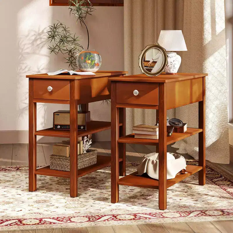 Costway 2 PCS Narrow End Tables w/Drawer Shelves & Rubber Wood Legs Sofa Side Table