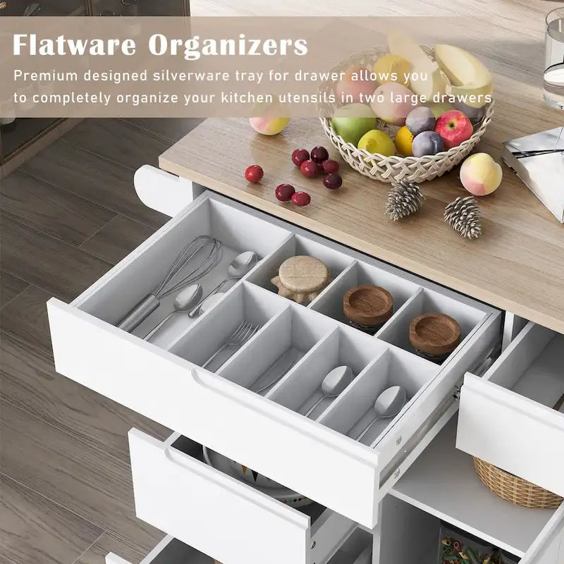 Rolling Kitchen Island Cart with 8 Handle-Free Drawers Rubberwood Top and Spice Rack