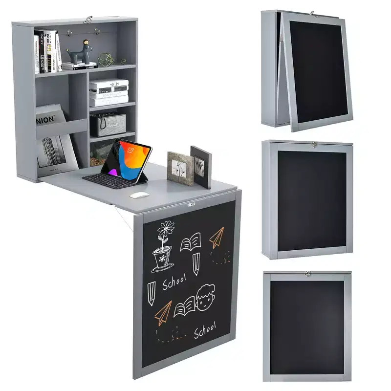 Costway Wall Mounted Table Fold Out Convertible Desk with A Blackboard/Chalkboard Black\Brown\White\Grey