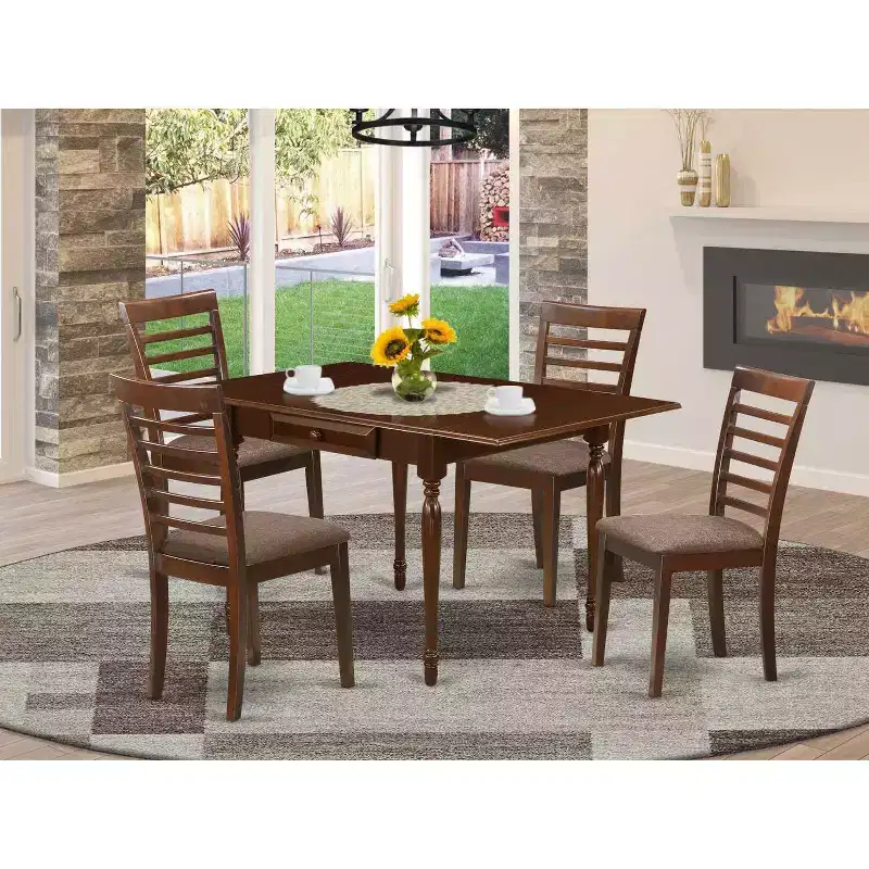 Kitchen Dinette Set 5 Piece Wood Table & Chairs - Drop Leaf Dining Set Mahogany Finish