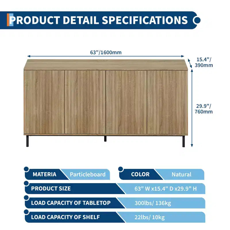 63 Modern Fluted Sideboard Buffet Cabinet with 4 Fluted Doors & Metal Legs & Adjustable Shelves, Kitchen Sideboard Accent Cabinet Console Table