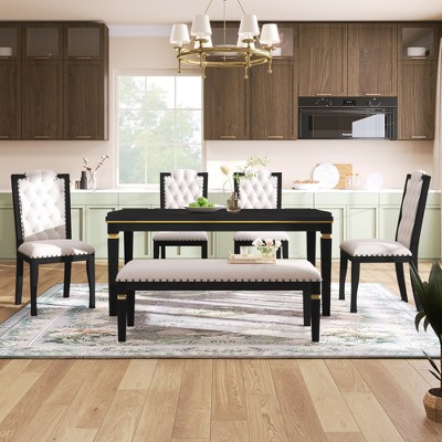 6-piece Dining Table Set Dining Set with 4 Upholstered High-Back Tufted Chairs and 1 Bench for Dining Room, Kitchen and Living Room, Black/Espresso-Mo