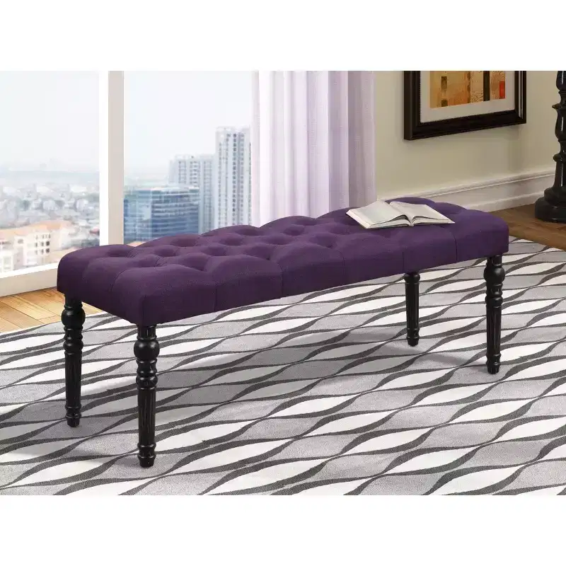 Leviton Fabric Tufted Turned Leg Dining Bench, Purple