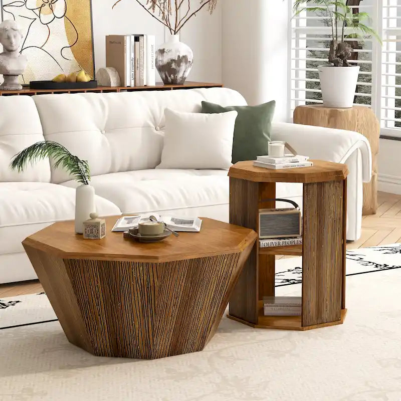 31.5 Octagonal Solid Wood Coffee Table Set of 2
