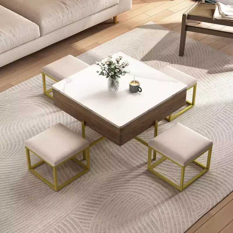 Square Lift-Top Coffee Table with Ottomans and Storage, Gold Center Table Set with Stools Underneath for Living Room, White & Walnut