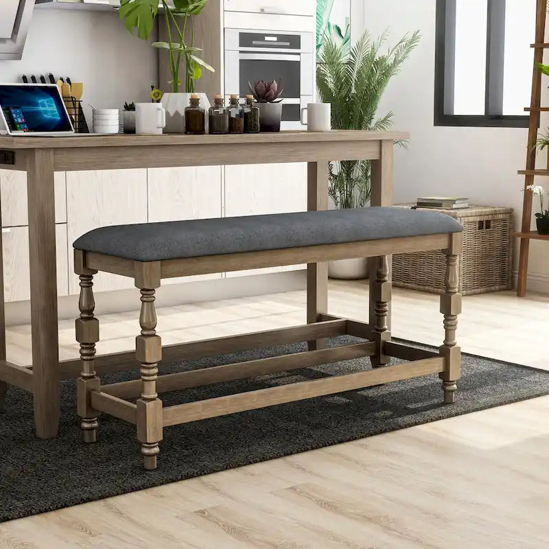 50-Inch Farmhouse Counter Height Upholstered Bench with Turned Legs