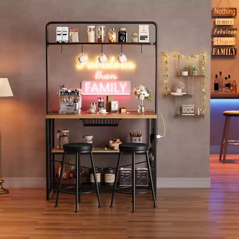 Industrial Kitchen Island with Power Outlet & 2 Bar Stools, 3-Tier Shelves Bakers Rack with 5 Hooks, Microwave Stand Coffee Bar Table for Dining Room
