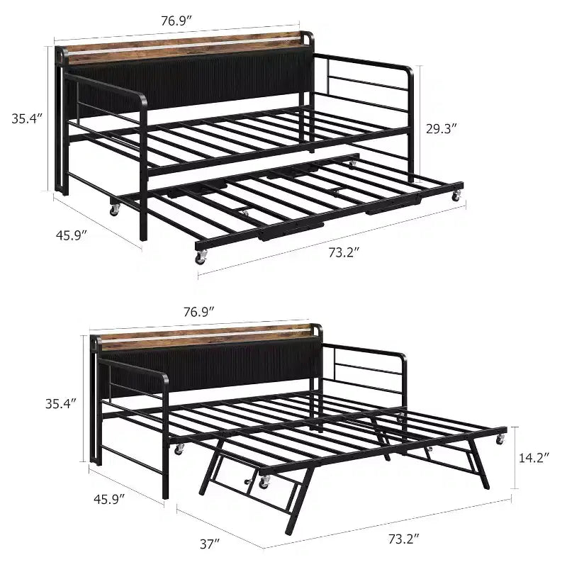 Double bed frame, corduroy upholstered headboard with storage, heavy-duty metal sofa bed, pop-out pull-down bed, suitable for living room and bedroom