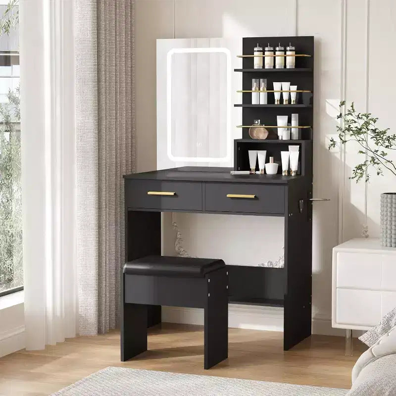 Vanity Desk with LED Lighted Mirror & Power Outlet with 3 Color Modes & Adjustable Brightness,2 Drawers & 4 Storage Shelves,for Makeup Vanity,Bedroom