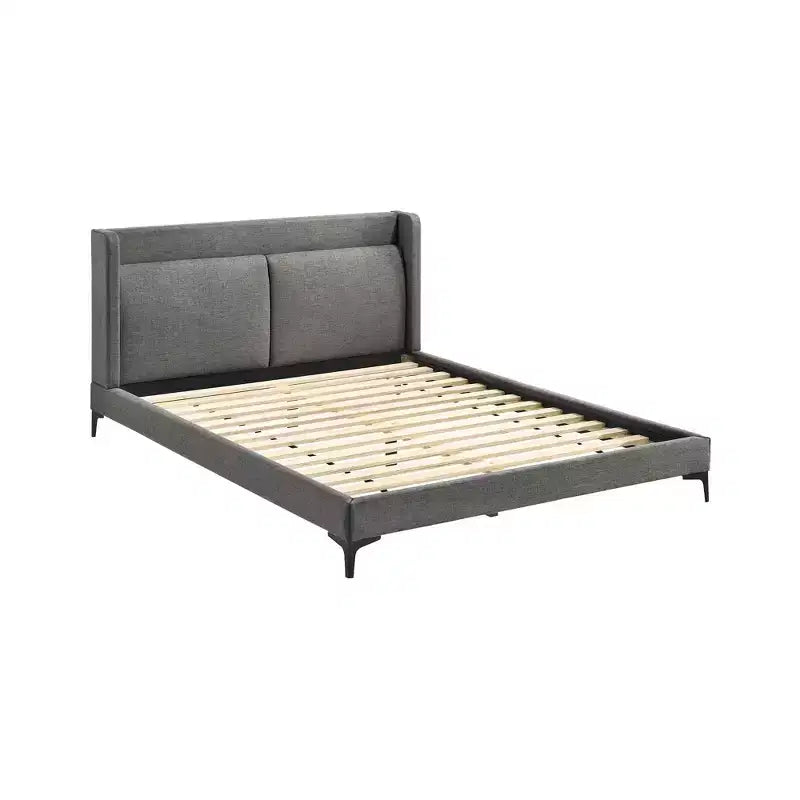 Queen Fabric Platform Bed, Gray with Black Metal Legs