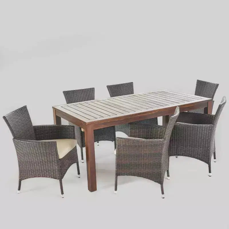 Lincoln 7pc Acacia Wood & Wicker Patio Dining Set - Dark Brown - Christopher Knight Home: Weather-Resistant, 6-Seater