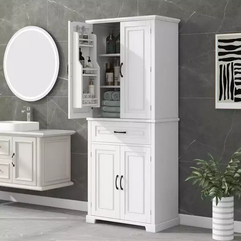 Okak Storage Cabinet, Tall Cabinet with 4 Doors,1 Drawer and Adjustable Shelf, Cabinet for Lving Room, Office