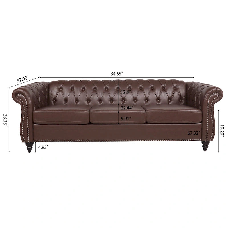 84 Mid-Century Modern 3-Seater Chesterfield Sofa, PU Leather, Birch Legs, 660 lbs