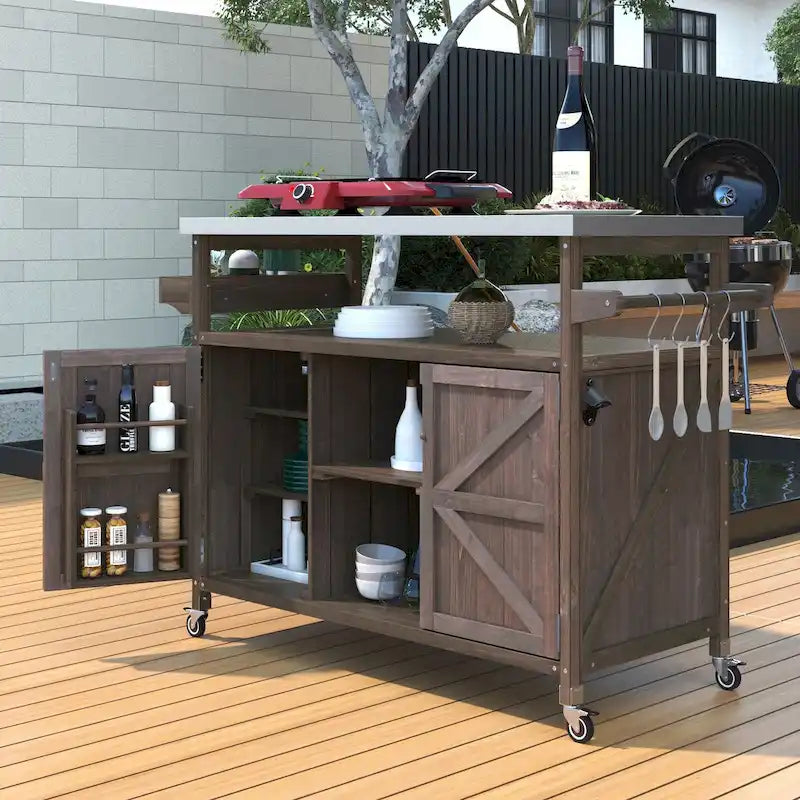 Outdoor Rolling Kitchen Island Cart with Solid Fir Wood Stainless Steel Top and Spice Rack