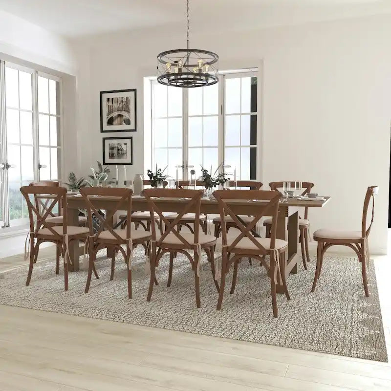 9' x 40 Rustic Folding Farm Table Set with 10 Cross Back Chairs and Cushions