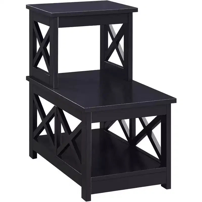 Rectangle Wood Top End Table, Black, L-Design with 3 Shelves