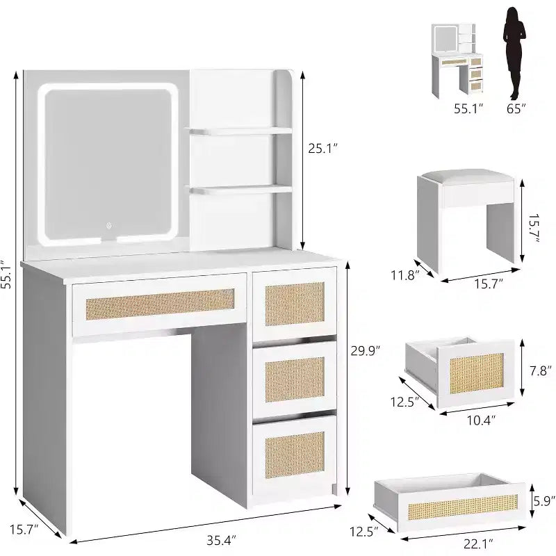 Vanity Desk with LED Mirror and Stool, Rattan White Makeup Table with 2 Drawers, Storage Cabinet for Bedroom Living Room
