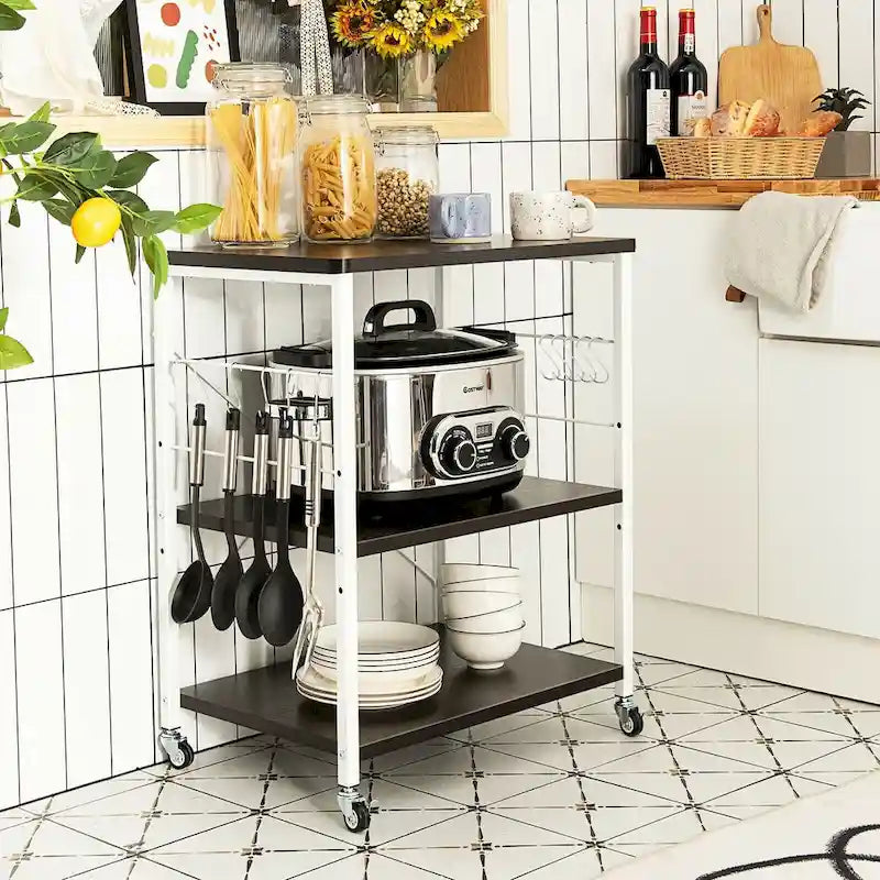 Rustic Brown 3-Tier Rolling Baker's Rack Microwave Cart with S-Hooks