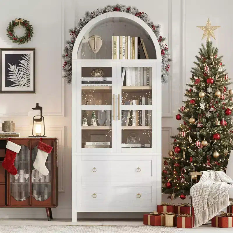 sumyeg 71 Tall Arched Kitchen Pantry Cabinet with Glass Doors, Adjustable Shelves & 2 Large Drawers