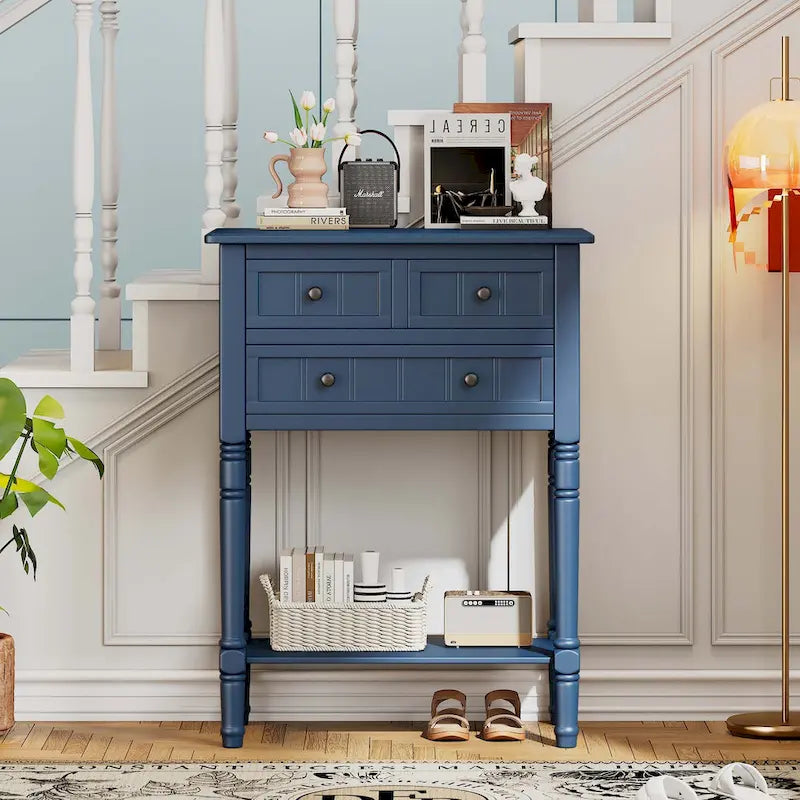 Narrow Console Table with Drawers and Bottom Shelf