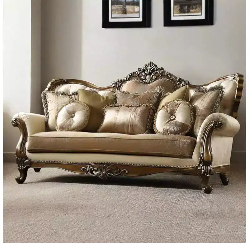 Acme Furniture 88" Latisha Fabric Pattern Sofa Tan/Antique Oak: Includes 4 Pillows, Nailhead Trim, Wood Frame