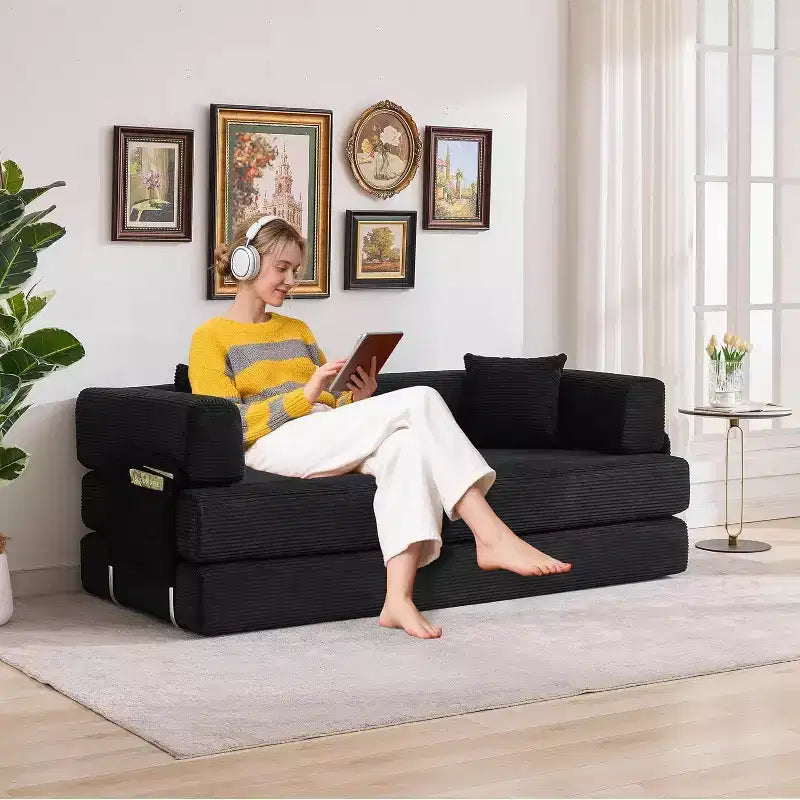 Convertible Couch, Folding Sofa Bed with 2 Pillows, Plush Corduroy Boneless Convertible Sofa, No Assembly Required for Living Room, Bedroom