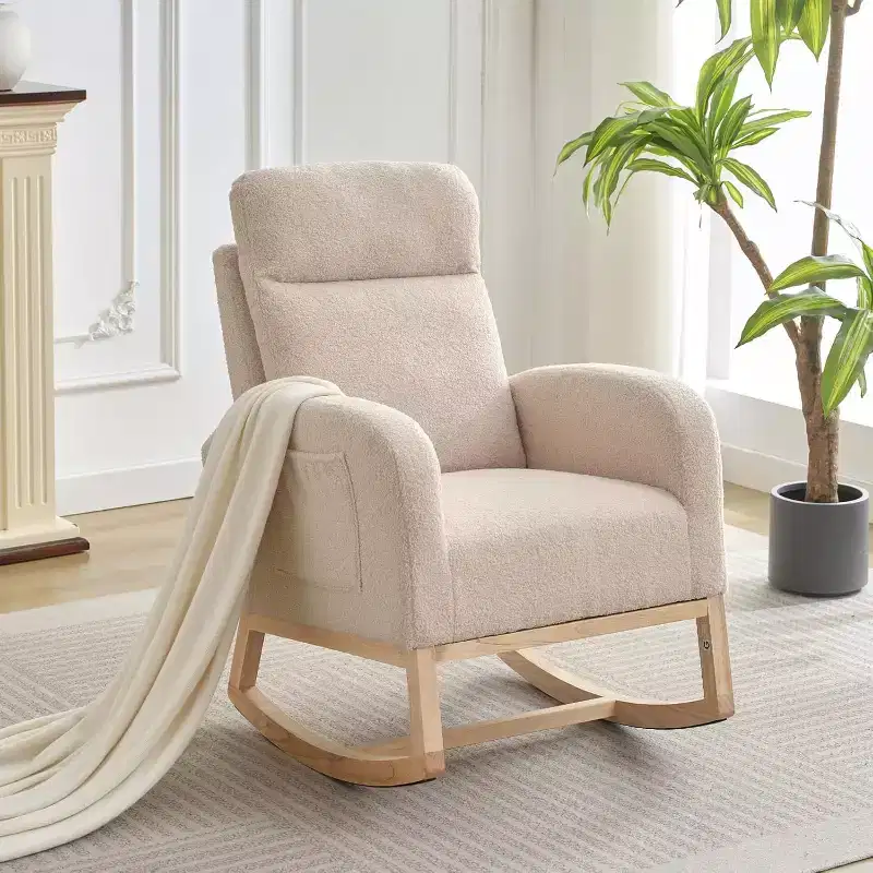 Nursery Rocking Chair with High Back and Side Pocket, Accent Armchair with Rubber Wood Legs for Living Room/Bedroom