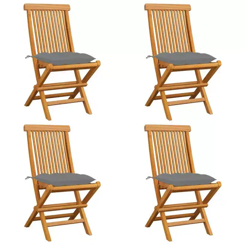 vidaXL Elegant Patio Chairs with Comfort Cushions 4 pcs - Solid Teak Wood Construction, Gray Cushions, Lightweight, Foldable, Easy Maintenance