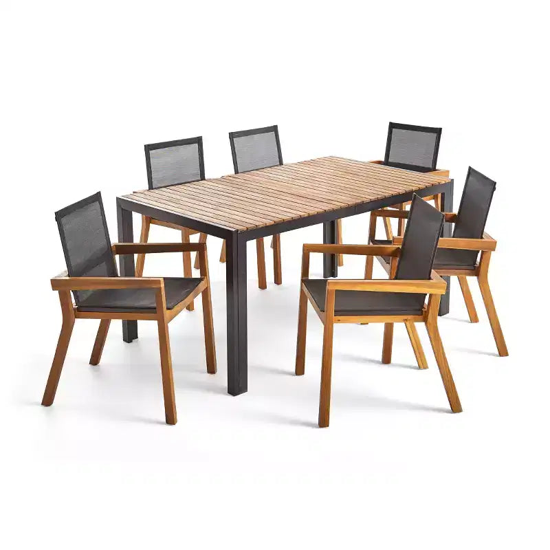 Christopher Knight Home Lemyra Outdoor Mesh and Acacia Wood 7 Piece Dining Set, Teak/Black